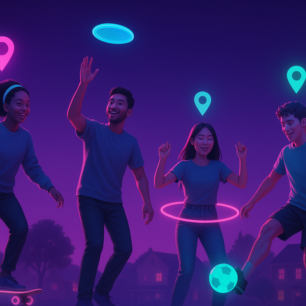 Evening neighborhood game: neon-lit group solving playful tasks outdoors