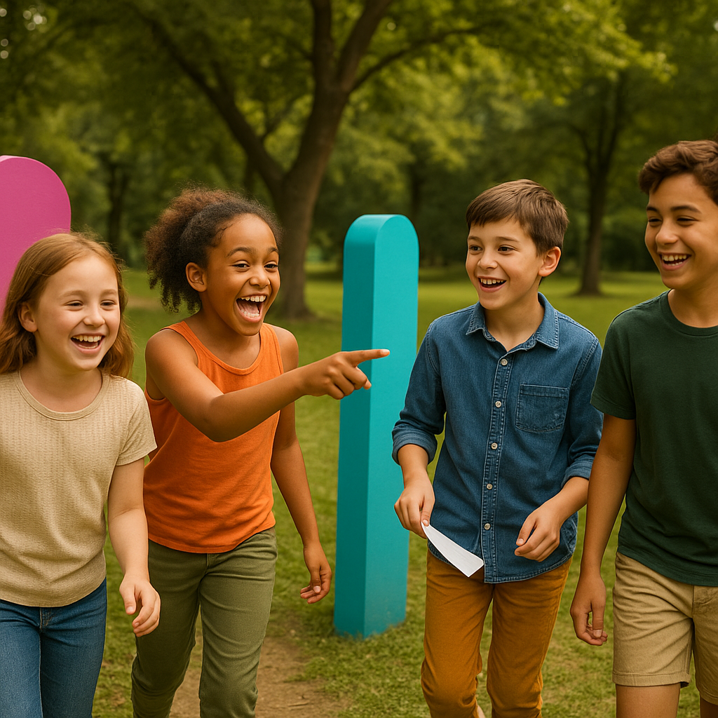 Small group on a scavenger quest in a leafy park with colorful markers